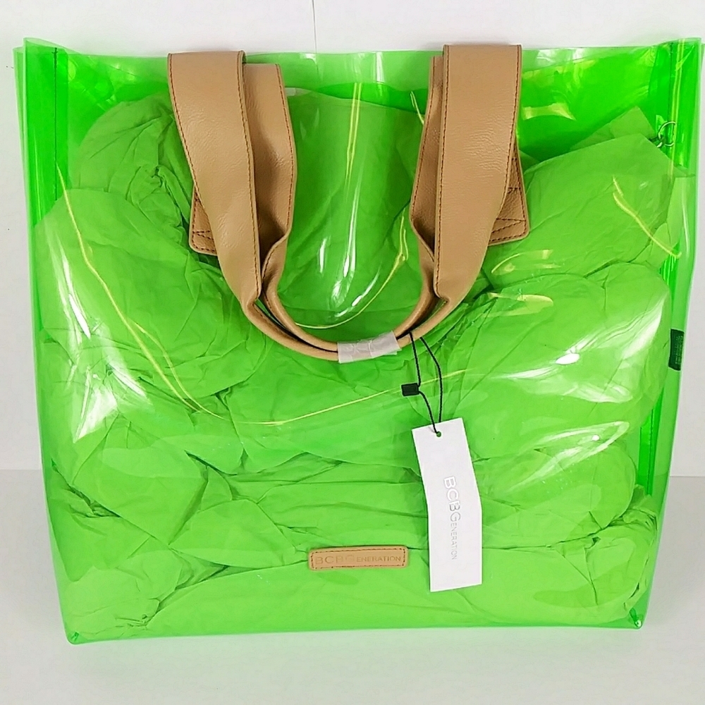 NWT $88 BCBG Beach Bag w. Coin Purse Green Clear Neon Concert Amusement Park